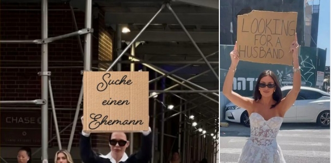 Frau läuft mit riesigem Schild mit der Aufschrift 'Ich suche einen Ehemann' durch die Straße – dann passiert das Unerwartete